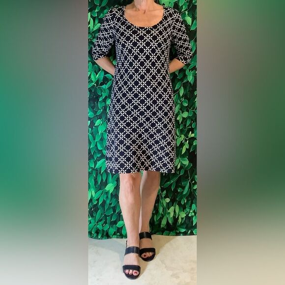 Ann Taylor Dresses & Skirts - Ann Taylor Navy Blue and White Knit Dress Medium Petite 3/4 Sleeves